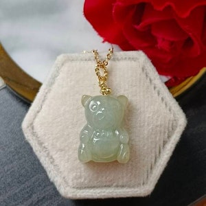 Icy Light Faint Green Type A Natural Jadeite Jade Fei Cui Teddy Bear Pendant In 14K Gold Filled Bail Setting