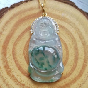 Icy Highly Translucent Floral Green Type A Grade A Natural Jadeite Jade Fei Cui Buddha Pendant In 20K Yellow Gold Setting
