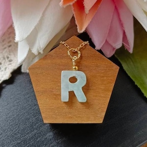 Icy White With Green Vein Type A Natural Jadeite Jade Fei Cui Alphabet R Pendant In 14K Gold Filled Bail Setting