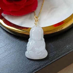 Icy White Type A Grade A Natural Jadeite Jade Fei Cui Baby Buddha Pendant In 14K Gold Filled Bail Setting