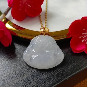 Icy Pure White Type A Grade A Natural Jadeite Jade Fei Cui Happy Buddha 18K Gold Lotus Setting Pendant