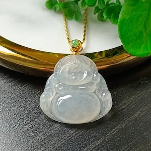 Icy Translucent Type A Grade A Natural Jadeite Jade Fei Cui Buddha In 18K Yellow Gold Setting