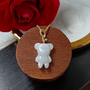 Icy Pure White Type A Natural Jadeite Jade Fei Cui Small Cute Bear Pendant In 14K Gold Filled Bail Setting