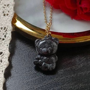 Black And Grey Type A Natural Jadeite Jade Fei Cui Cute Bear Pendant In 14K Gold Filled Bail Setting