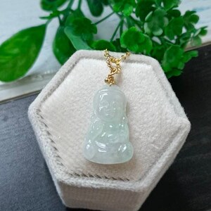 Icy White And Light Green Type A Grade A Natural Jadeite Jade Fei Cui Baby Buddha Pendant In 14K Gold Filled Bail Setting