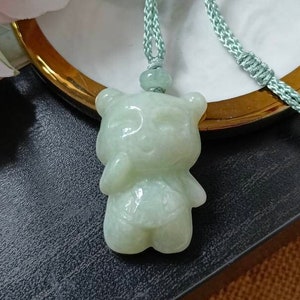Light Green Type A Grade A Natural Jadeite Jade Fei Cui Cute Bear Pendant In Light Green Adjustable String Cord