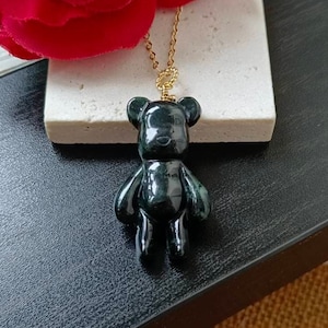 Dark Green Type A Natural Jadeite Jade Fei Cui Cute Bear Pendant In 14K Gold Filled Bail Setting