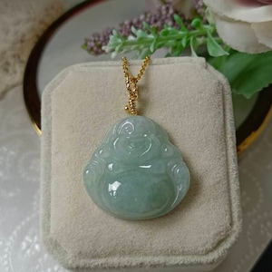 Icy Pastel Green Type A Grade A Natural Jadeite Jade Fei Cui Happy Buddha Pendant In 14K Gold Filled Bail Setting
