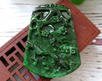 Imperial Green Type A Jadeite Jade Double sided carving Bird,Cherry Blossom, Bat and Bamboo pendant