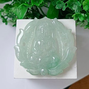 Icy Green Type A Grade A Natural Jadeite Jade Fei Cui Double Sided Carving Guan Yin Pendant