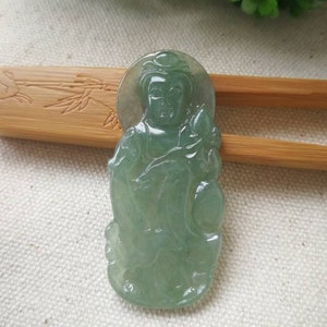Icy Light Green Type A Grade A Natural Jadeite Jade Fei Cui Guan Yin Pendant