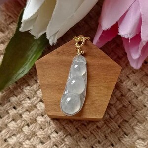 Icy Translucent Ink Floral Type A Grade A Natural Jadeite Jade Fei Cui Pea Pod Pendant In 14K Gold Filled Bail Setting