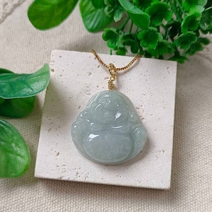 Light Faint Green Type A Grade A Grade A Jadeite Jade Fei Cui Buddha Pendant In 14K Gold Filled Bail Setting