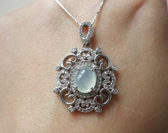 Icy Translucent Type A Grade A Natural Jadeite Jade Fei Cui 925 Sterling Silver White Gold Plated With Zirconia Pendant
