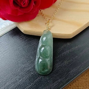 Icy Dark Bluish Green Type A Grade A Natural Jadeite Jade Fei Cui Pea Pod Pendant In 14K Gold Filled Bail Setting