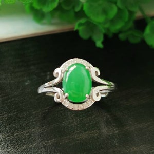 Icy Imperial Green Type A Grade A Natural Jadeite Jade Fei Cui 925 Sterling Silver White Gold Plated With Zirconia Ring