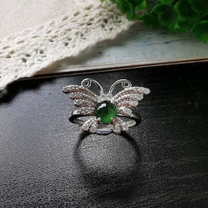 Icy Bluish Green Type A Natural Jadeite Fei Cui 925 Silver White Gold Plated With Zirconia Butterfly Ring