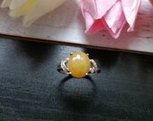 Yellow Translucent Type A Grade A Natural Jadeite Jade Fei Cui 925 Sterling Silver White Gold Plated With Zirconia Ring