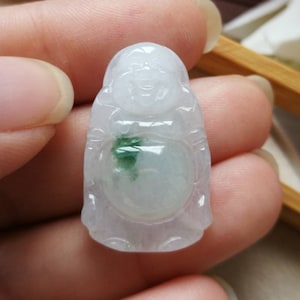 Icy White Floral Green Type A Natural Jadeite Jade Buddha Pendant