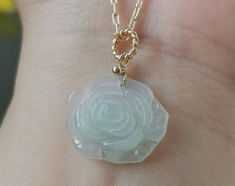 Icy White Type A Grade A Natural Jadeite Jade Fei Cui Small Rose Pendant In 14K Gold Filled Bail Setting