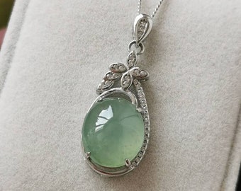 Icy Light Green Type A Grade A Natural Jadeite Jade Fei Cui 925 Sterling Silver White Gold Plated With Zirconia Pendant