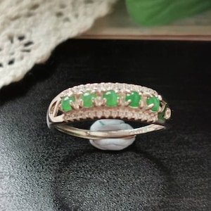 Icy Light Green Type A Grade A Natural Jadeite Jade Fei Cui 925 Sterling Silver White Gold Plated With Zirconia Ring