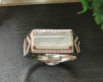 Icy Translucent Type A Grade A Natural Jadeite Jade Fei Cui Plain 925 Sterling Silver White Gold Plated With Zirconia Ring
