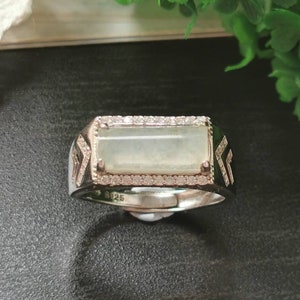 Icy Translucent Type A Grade A Natural Jadeite Jade Fei Cui Plain 925 Sterling Silver White Gold Plated With Zirconia Ring