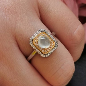 Icy Translucent Type A Grade A Natural Jadeite Jade Fei Cui 925 Sterling Silver White & Yellow Gold Plated With Zirconia Ring