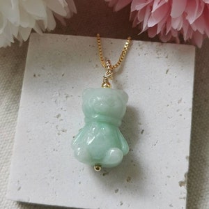 Moss On Snow Type A Grade A Natural Jadeite Jade Fei Cui 3D Teddy Bear Pendant In 14K Gold Filled Bail Setting