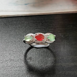 Icy Translucent Tri Colour Type A Grade A Natural Jadeite Jade Fei Cui 925 Sterling Silver White Gold Plated With Zirconia Trilogy Ring
