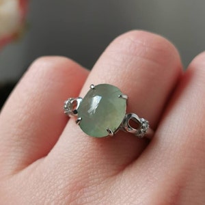 Icy Light Green Type A Grade A Natural Jadeite Jade Fei Cui 925 Sterling Silver White Gold Plated With Zirconia Ring