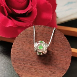 Icy Green Type A Grade A Natural Jadeite Jade Fei Cui 925 Sterling Silver White Gold Plated With Zirconia Barrel Pendant
