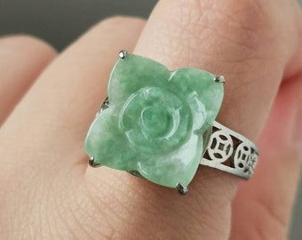 Light Apple Green Type A Grade A Natural Jadeite Jade Fei Cui Flower Ring In 925 Silver White Gold Plated