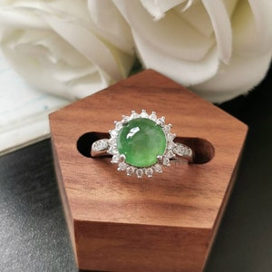 Icy Glow Green Type A Grade A Natural Jadeite Jade Fei Cui Ring In 925 Silver White Gold Plated With Zirconia