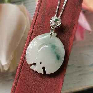 Bluish Floral Green Type A Grade A Natural Jadeite Fei Cui 925 Sterling Silver White Gold Plated With Zirconia Bail 3D Cute Fish Pendant
