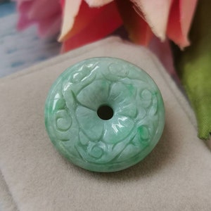25.7MM Milky Light Green With Green Spots Type A Grade A Natural Jadeite Jade Fei Cui Carving Donut Pendant