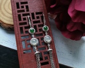 Icy White and Green Type A Grade A Natural Jadeite Jade Fei Cui 925 Silver White Gold Plated Chandelier Earrings