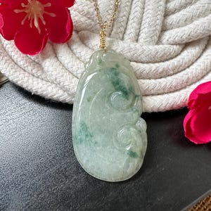 Bluish Floral Green Type A Grade A Natural Jadeite Jade Fei Cui 14K Gold Filled Ruyi Pendant