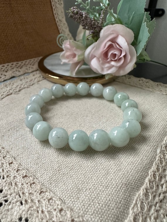 Braccialetto Di Perline Rotonde Di Giada Giadeite Rara Da 10,3 Mm, Muschio Ghiacciato Nei Toni Del Verde Mela Della Neve, Non Trattato, Grado A/Myanmar/regalo Di Anniversario Per I Propri Cari - Foto 8