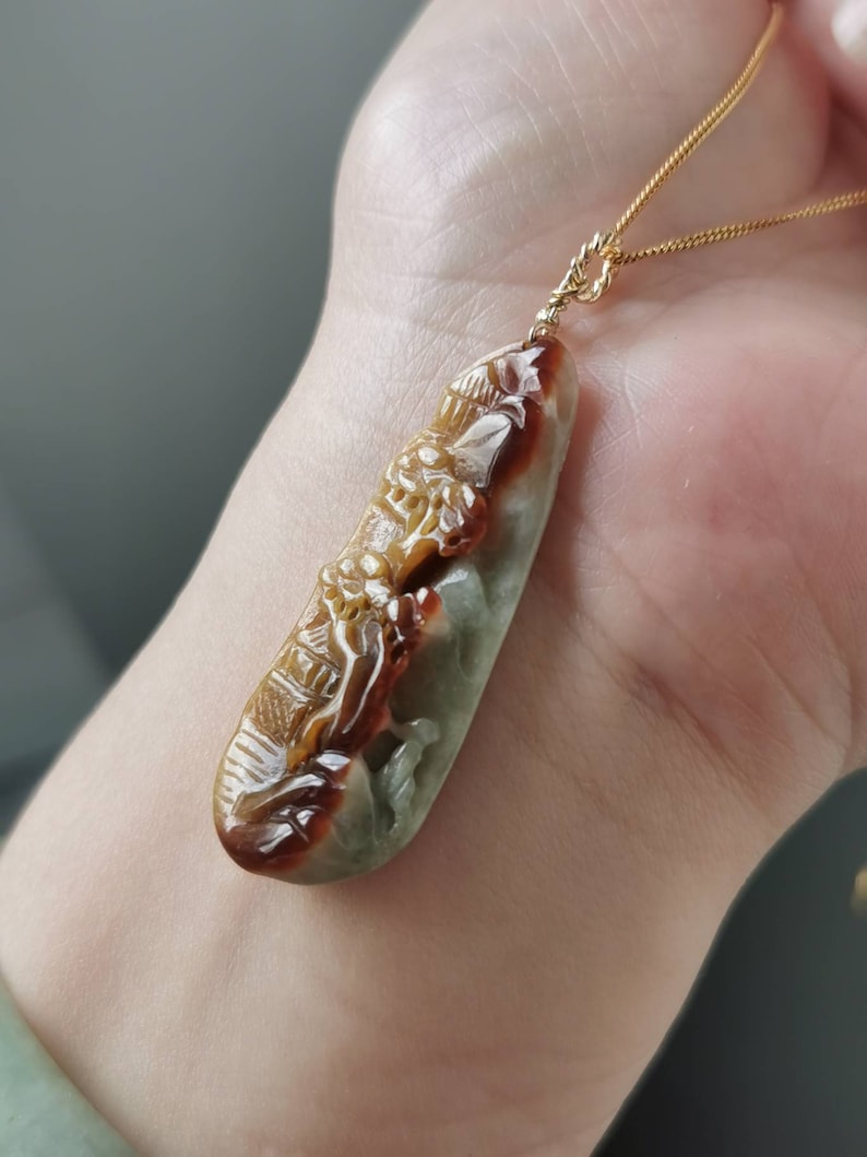 Unique Tri Colour Type A Grade A Natural Jadeite Jade Fei Cui Scenery Landscape Pendant In 14K Gold Filled Bail
