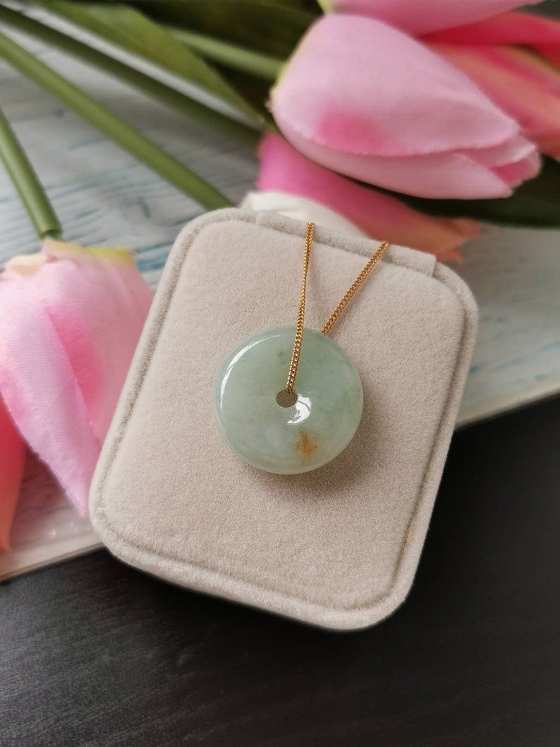Icy Light Green With Red Type A Grade A Natural Jadeite Jade Fei Cui Donut Pendant