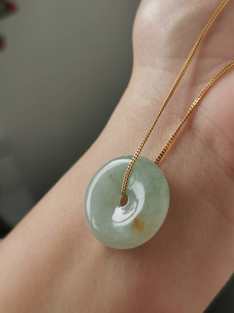 Icy Light Green With Red Type A Grade A Natural Jadeite Jade Fei Cui Donut Pendant