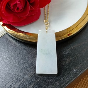 Floral Green Type A Grade A Natural Jadeite Jade Fei Cui Plain Rectangle 14K Gold Filled Bail Setting Pendant