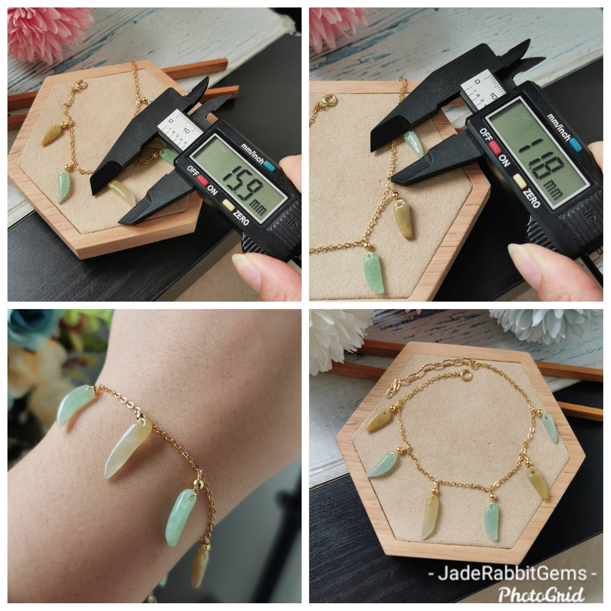 緑と黄色のA級天然翡翠（フェイツイ）のチャームブレスレット、14K