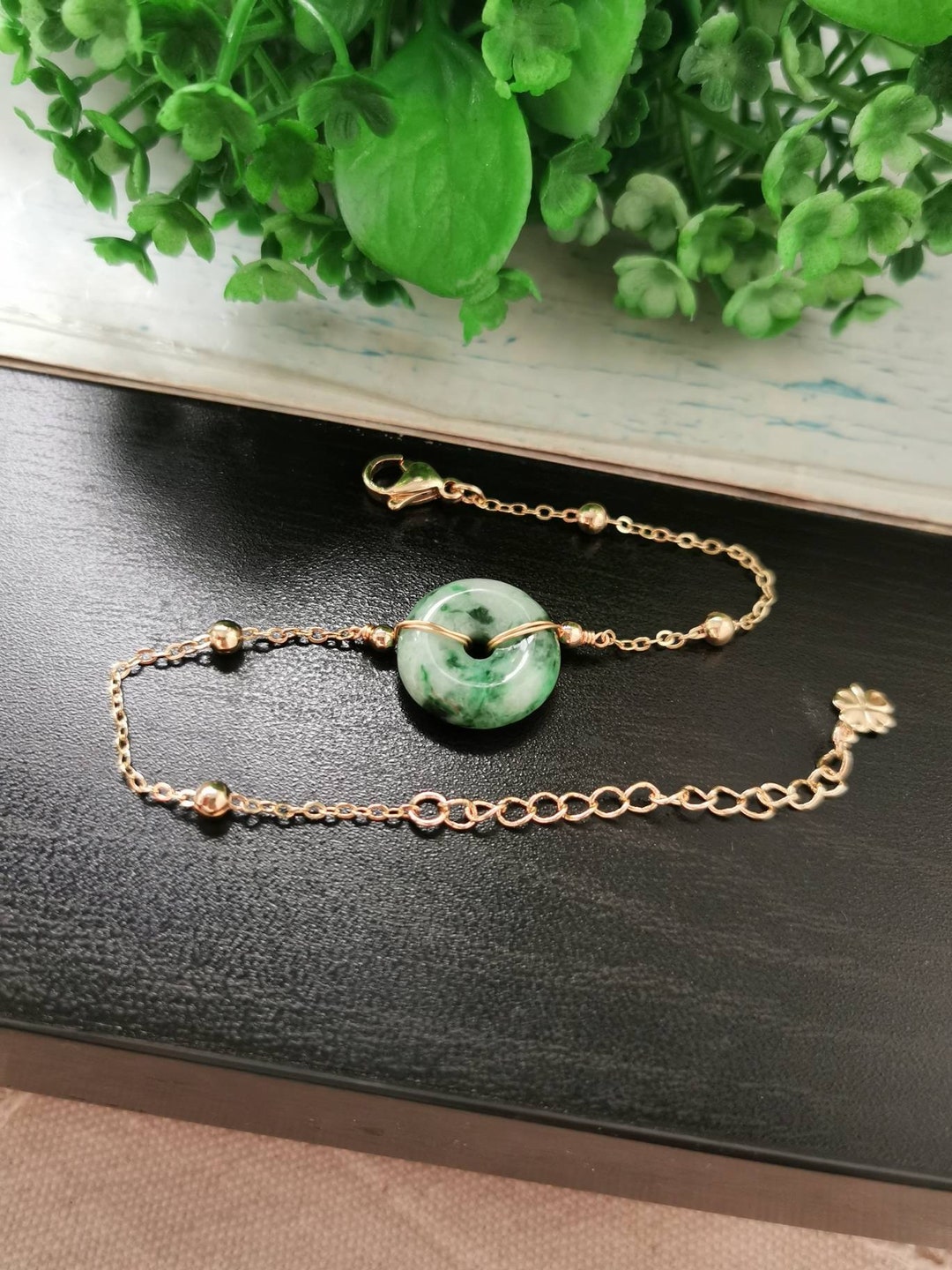 Floral Green Type A Grade A Natural Jadeite Jade Fei Cui Donut Bracelet in  14K Gold Filled Bail Setting - Etsy