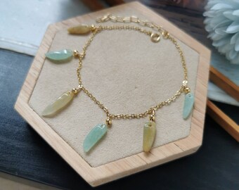 緑と黄色のA級天然翡翠（フェイツイ）のチャームブレスレット、14K