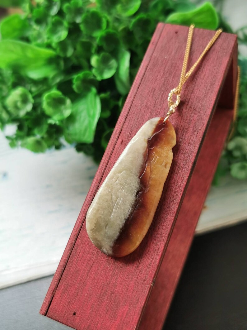 Unique Tri Colour Type A Grade A Natural Jadeite Jade Fei Cui Scenery Landscape Pendant In 14K Gold Filled Bail