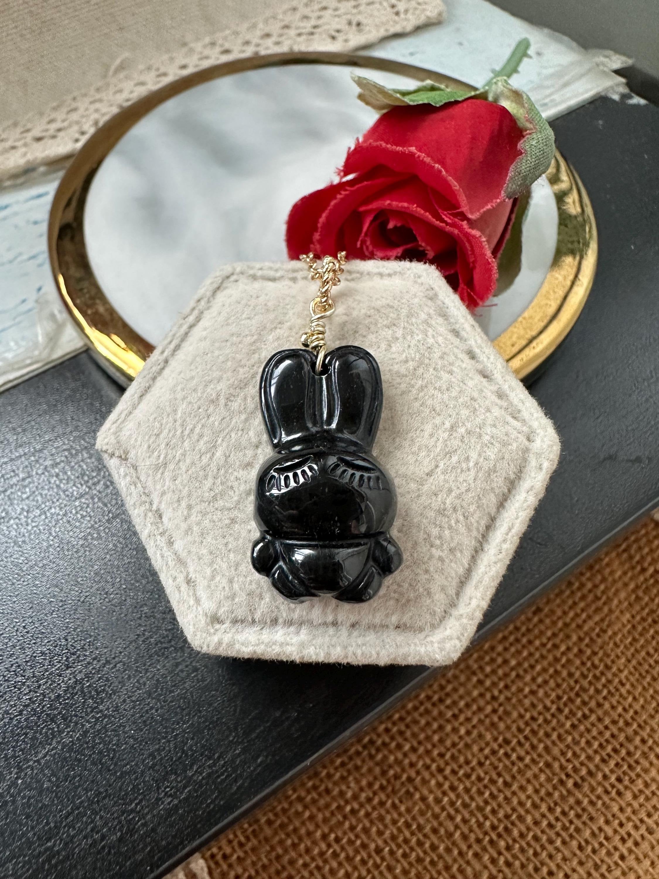 Black Type A Grade A Natural Jadeite Jade Fei Cui Bunny Rabbit 14K