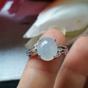 Icy White Type A Grade A Natural Jadeite Jade Fei Cui 925 Sterling Silver White Gold Plated With Zirconia Ring